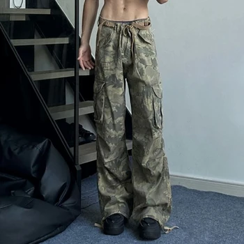 Мъжки Y2k американски ретро джоб камуфлаж прави панталони без пол модерен хип-хоп работно облекло стил хлабав широк крак панталони унисекс