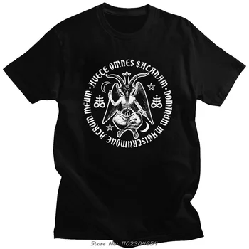 Мъжки градушка Сатана Бафомет със сатанински кръстове Тениска с къс ръкав памучна тениска Случайни готически демон дявол тениска Улично облекло