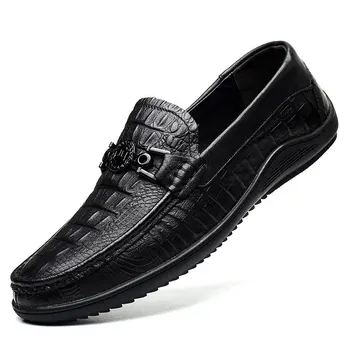 Мъжки ежедневни обувки Естествена кравешка кожа Крокодилски печат Мъже Пролет Есен Луксозни плоски обувки Cool Leisure Sneakers Мокасини