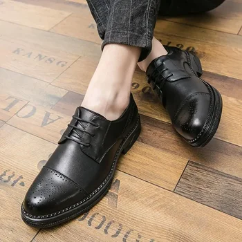 Мъжки кожени обувки Бизнес официално облекло Черно Casual British Spring Square Toe Bridegroom Сватбена сватба булка обувки Pointed T