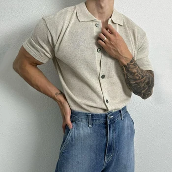 Мъжки основни прости случайни къс ръкав трикотажна риза без пол тънки удобни плътен цвят универсален трикотажни отгоре унисекс