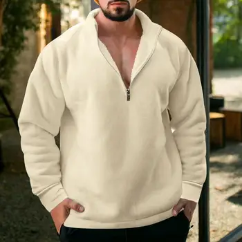 Мъжки пуловер тениска с цип стилен мъжки половин цип руно пуловер топло ветроупорен модерен есен/зима ревера суитчър