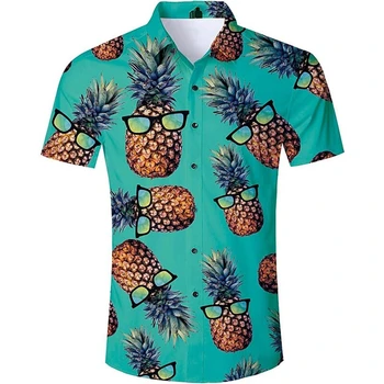 Мъжки ризи Тики ананас печат модел мъжко облекло високо качество бутон къс ръкав отгоре случайни ваканция хавайски риза