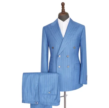 Мъжки син връх ревера раирани костюми по поръчка двойна гърди младоженец сватба износване 2 парчета тънък годни комплект (яке + панталони)