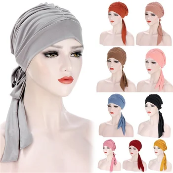 Мюсюлманските жени Stretch Solid Бръчки Тюрбан шапка Рак Chemo Beanies Caps Предварително вързани шал Шапки Headwrap покритие