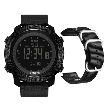 Найлонова каишка Мъжки часовници 50M водоустойчив SYNOKE Марка Дигитален военен спортен часовник за мъже Голям черен дизайн на циферблата