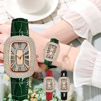 Нов дамски кварцов часовник луксозен пълен диамантен циферблат зелена кожена каишка мода кварц дамски часовник Relogio Feminino Часы Женские