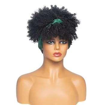 Нов стил черен синтетичен лента за глава перука кратко афро извратени къдрава с бретон за черни жени висока температура влакна шал коса перуки