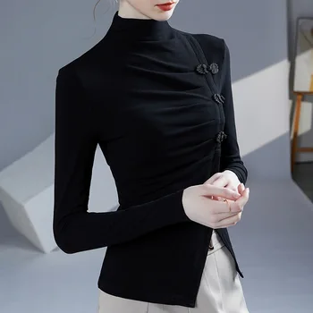 Нова есенна дамска тениска 2023 Мода Случайни дълъг ръкав китайски стил Сплит сгъване черни върхове Blusas