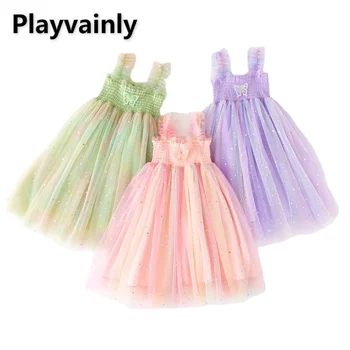 Нова лятна детска момичешка рокля Детска розова зелена лилава градиент Star Moon Patch Princess Dress Sling Mesh Clothing E005