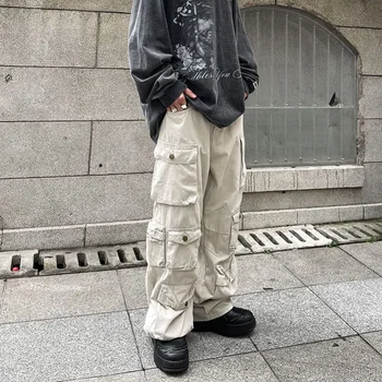 Нови карго панталони Ежедневни панталони Мулти-джобове Инструментален панталон Harajuku Мъжки реколта хлабав широк крак панталони Streetwear случайни хип-хоп
