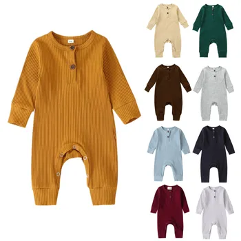 новородено бебе момиче момче плетени оребрени гащеризон есенни дрехи бутон плътен цвят дълъг ръкав гащеризон за деца бебе предмети облекло