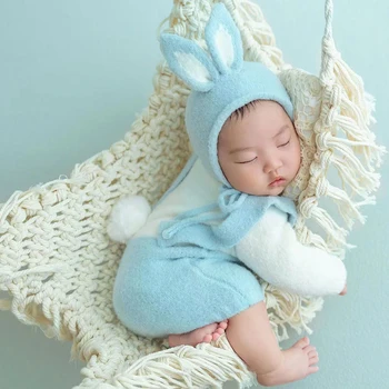 Новородено фотография облекло сладък заек бебе костюм деца снимка подпори хамак гащеризон зайче шапка костюм студио стреля аксесоари