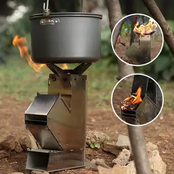 Открит сгъваем къмпинг печка на дърва Лека неръждаема стомана ракета дърва горене печка подходящ за открит къмпинг барбекю