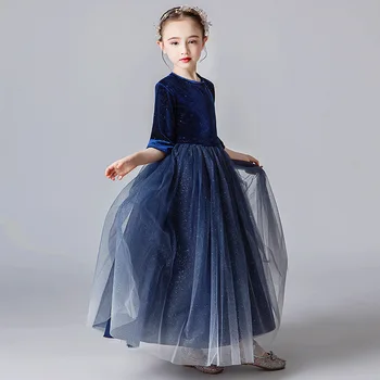 Официален повод Елегантен дълъг флот синьо момиче вечерна бална рокля Тийнейджъри церемониална рокля Деца завършил парти рокли 12 14 години