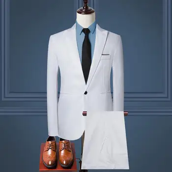 Официален повод костюм комплект мъжки панталони набор стилен мъжки бизнес работно облекло комплект ревера тънък годни панталони плътен цвят дълъг ръкав