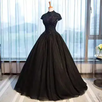 Официален повод на жените черна дантела Поло Pettiskirt изпълнение костюм изкуство изпит пиано сцена банкет вечерна рокля