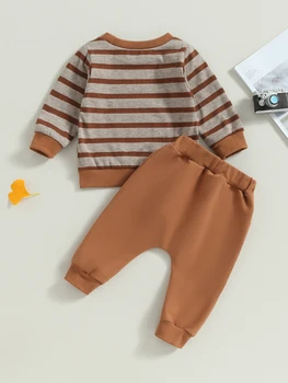 Очарователно бебе момче есенно облекло раирано Crewneck пуловер суитчър с дълги ръкави и уютни панталони - перфектно дете