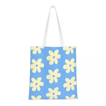 Пастелно синьо цвете печат платно голяма пазарска чанта за многократна употреба голям капацитет цветни флорални тенденции чанти за жени мъже