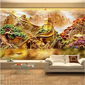 Персонализиран тапет Прекрасни реки и планини Great Wall 3D релеф телевизия фон стена хол спалня книжарница декоративна