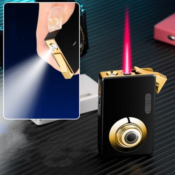 Персонализирана форма на камерата LED осветление запалка метален ветроупорен бутан газ червен пламък струя запалка подарък за мъже и жени