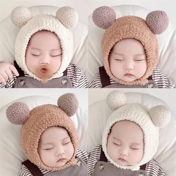 Плътен цвят вълна плетен капак бебе новородено бебе шапка помпон сладък зимна шапка за деца момчета момичета деца топло шапка шапка 0-3Y