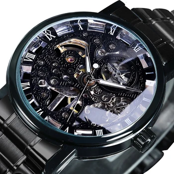 ПОБЕДИТЕЛ Класически черен скелет механични часовници ретро светещи ръце луксозна марка автоматичен мъжки часовник от неръждаема стомана каишка