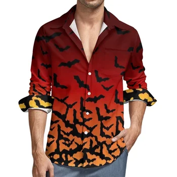 Прилеп печат ежедневна риза Дълъг ръкав мода риза Хавайски мъжки хлабав случаен риза улица риза