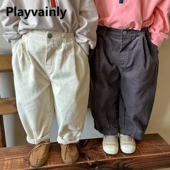 Пролет есен дете момиче момче ретро рипсено кадифе панталони плътен цвят меки свободни ежедневни панталони детски дрехи за 1-8 години E91099