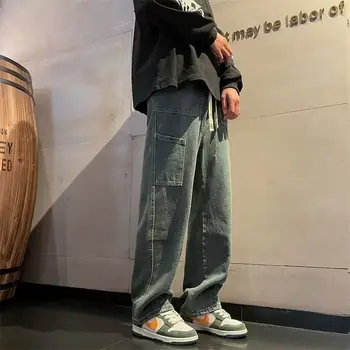 Пролет есен дънкови панталони американски стил реколта плътен цвят широк крак дънки корейски мода направо хлабав карго панталони A81