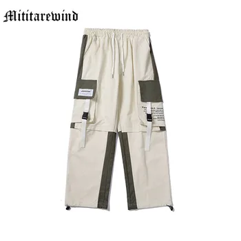 Пролет и есен Хип-хоп Американски моден дизайн Контрастен цвят Porkets Мъжки панталони Baggy Loose Ankle-Tied Cargo Мъжки Sweatpants