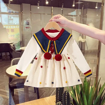 Пролетна и есенна плетена рокля за момичета 2023 Нов интернет Популярни детски модни принцеса рокля бебе пуловер тенденция