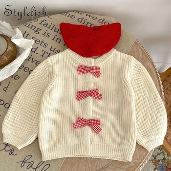 Пролетно и есенно облекло Mesh червена памучна прежда момиче бебе детски кариран лък трикотажни дълъг ръкав малка жилетка палто