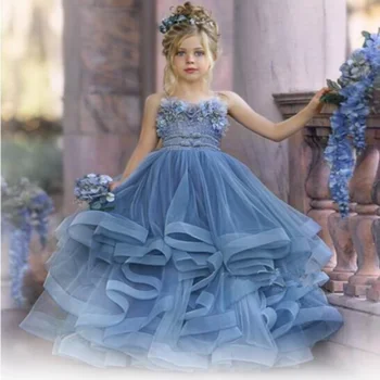 Пухкава дантела апликация дълъг ръкав цвете момиче рокля сватба елегантен цвете дете рожден ден топка тайнство рокля