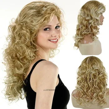 пухкави прически синтетична коса дълъг микс блондинка къдрава вълнообразна перука с бретон подскачащи ежедневни костюми перуки за жени топлоустойчиви