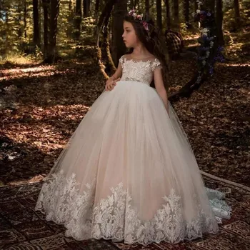Първа причастие рокля глезена дължина бял органза апликации цвете за момичета за сватбено тържество на възраст 2-14 години