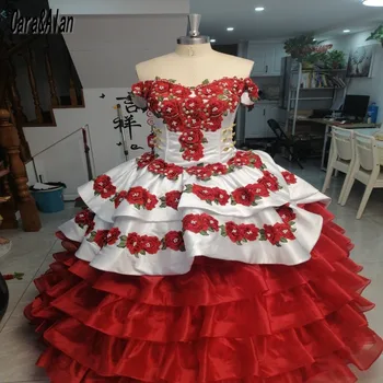 Реални снимки Quinceanera рокли флорални апликация мъниста сладък 16 мексикански момичета край на рамото vestidos de XV años