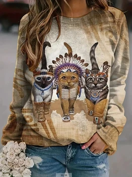 Реколта дамски суитчър животински качулки мода 3D коте печат дълъг ръкав момиче сладък случайни y2k O-образно деколте пуловер женски дрехи