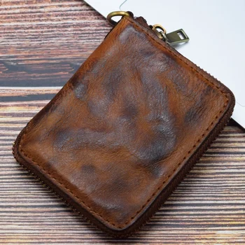 Реколта естествена кожа мъжки цип портфейл къса монета чантата многофункционални притежателите на карти луксозни мъжки пари