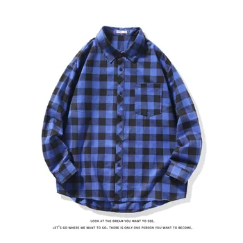 Реколта синьо черно каре риза палто за мъже 2023 Ново Harajuku хлабав дълъг ръкав ризи Унисекс ежедневни блузи Мъжка жилетка