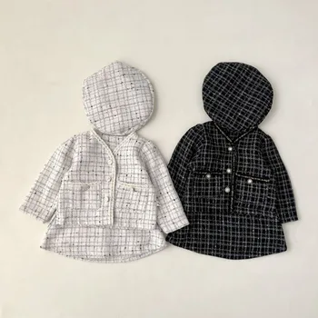 Реколта черно/бяло бебе туид трикотажно палто + пачка пола + шапки набор 2023 корейски есен принцеса момичета дрехи комплект