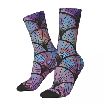 Ретро лилаво и синьо геометричен паун мъжки чорапи пера унисекс хип-хоп модел отпечатани смешно екипажа чорап подарък
