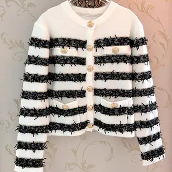 Ретро текстура Черно бяло райе еднореден луксозни пуловери дълъг ръкав плетена мода жилетка 2024 пролетни дрехи жени
