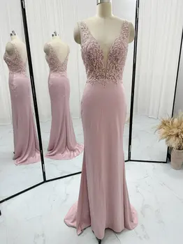 Розов секси голи рамене дълбоко V-образно деколте изложени русалка тънък опашка нощ вечерна рокля пола M1795