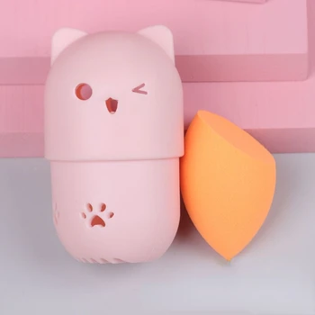 Розов сладък котка мека силиконова козметична гъба кутия притежателя с красота яйца преносим прах впръскване притежателя гъба грим сушене случаи