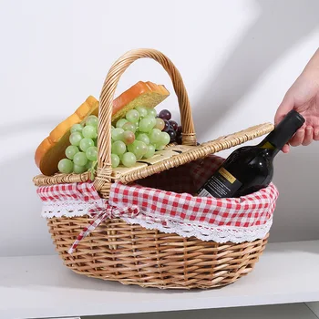 Ръчно изработена плетена кошница за пикник с дръжка за пикник върба тъкани за съхранение пречат на открито къмпинг пикник плодове кошница контейнер