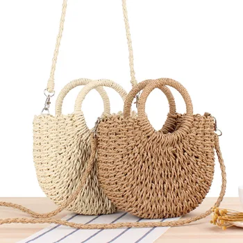 Ръчно изработена полукръгла ратанова тъкана сламена чанта Summer Beach Women Messenger чанти за рамо момичета малка чанта