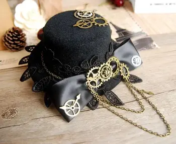 Ръчно изработени DIY Gothic Lolita Cosplay Мини шапка с цветя Steampunk ретро зъбни колела Шапки за мъже Жени