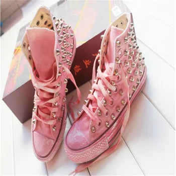 Ръчно изработени обувки с шипове Класически затруднени високи маратонки Маратонки Ежедневни розови измити платнени обувки