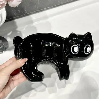 Самоизточваща се черна котка сапун случай керамични карикатура Кити източване сапун кутия баня бижута обица притежателя кухня чиста гъба тава